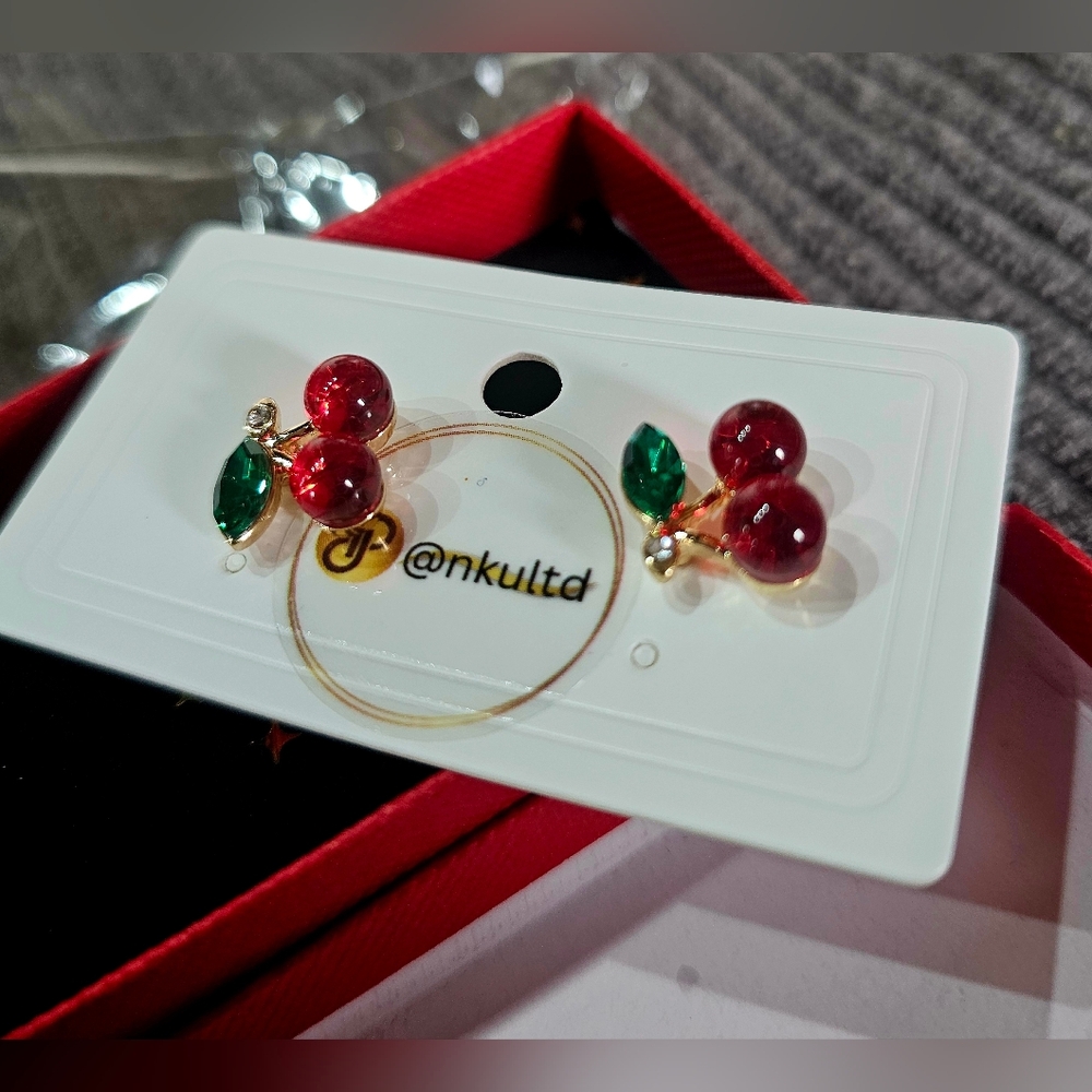 Cherry Earrings with Green Leaves, New, Never Worn